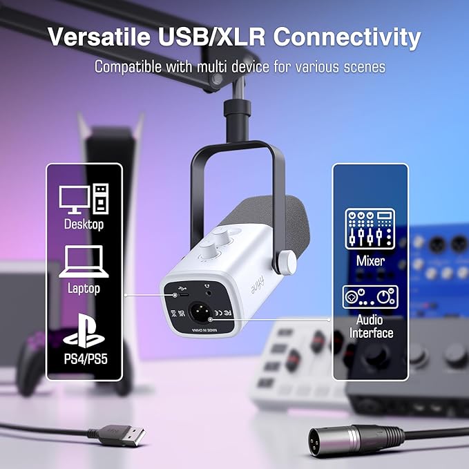 FIFINE Gaming XLR/USB Microphone Kit, Streaming Dynamic Mic Set for PC, Computer Mic for Vocal Podcast Recording Voiceover, with Headphones Jack, Gain Knob, Arm Stand-AmpliGame AM8T White
