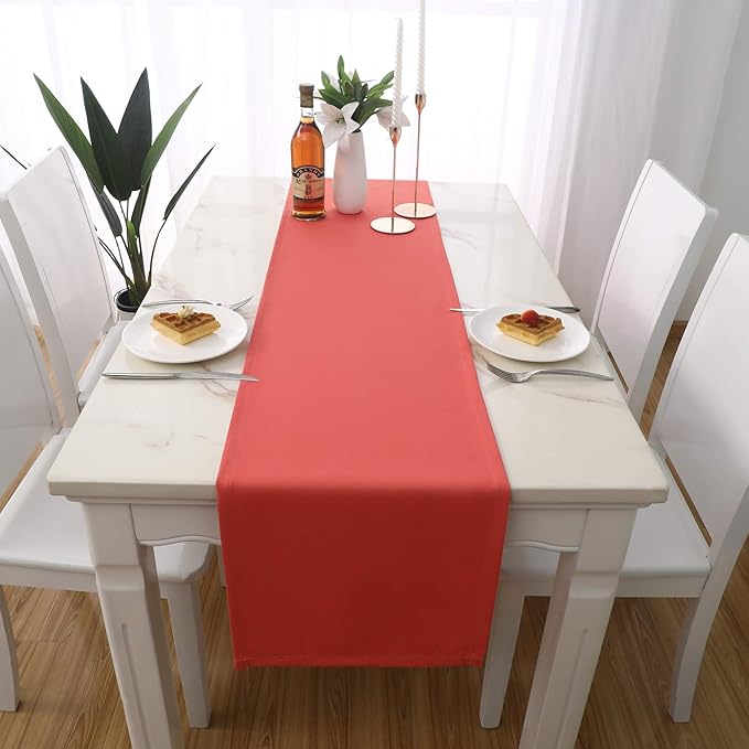DUALIFE Coral Table Runner 14x72 Inch Solid Color Thick Polyester Decorative Cloth Handcrafted for Wedding Party Birthday Graduations Hotel Restaurant Banquet Catering Services Event 1 Piece