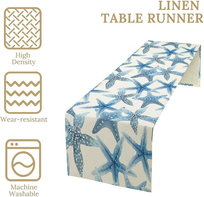 Starfish Plaid Table Flag Green Plaid and Marine Life Starfish Kitchen Table Flag Suitable for Birthday Party Restaurant Decoration Outdoor Picnic 13 * 60 Inch