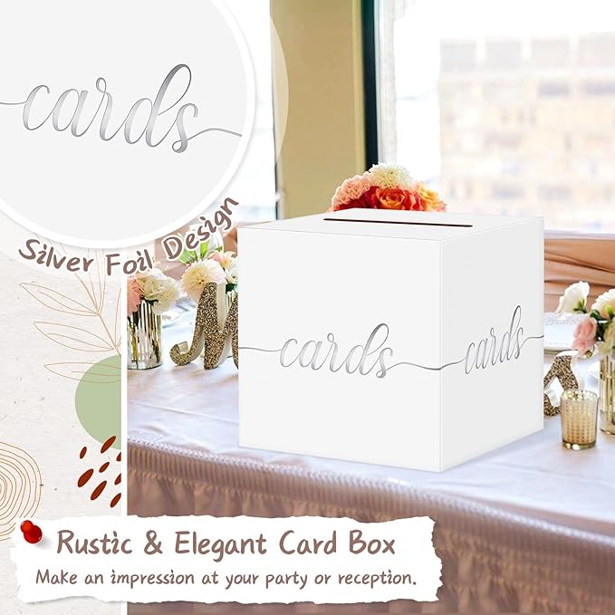 QIKSION White Wedding Card Box, Silver Foil Gift Card Box for Party, Wedding Reception, Graduation, Birthday, Baby Shower, Raffle