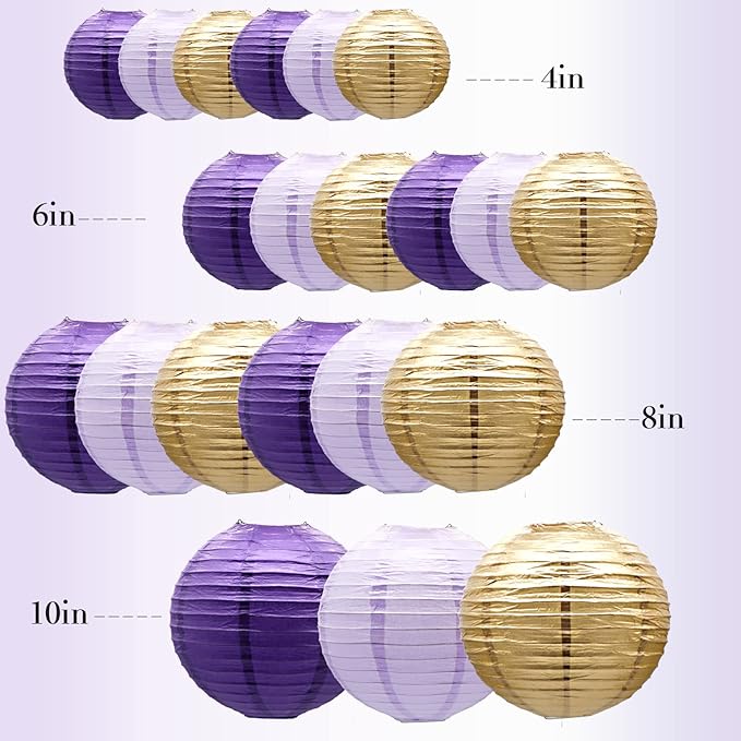 ADLKGG Paper Lanterns Decorative, Round Hanging Lanterns Party Supplies for Graduation Bachelorette Gender Neutral Baby Shower Birthday Party Decorations Purple/Lavender/Gold 21pcs