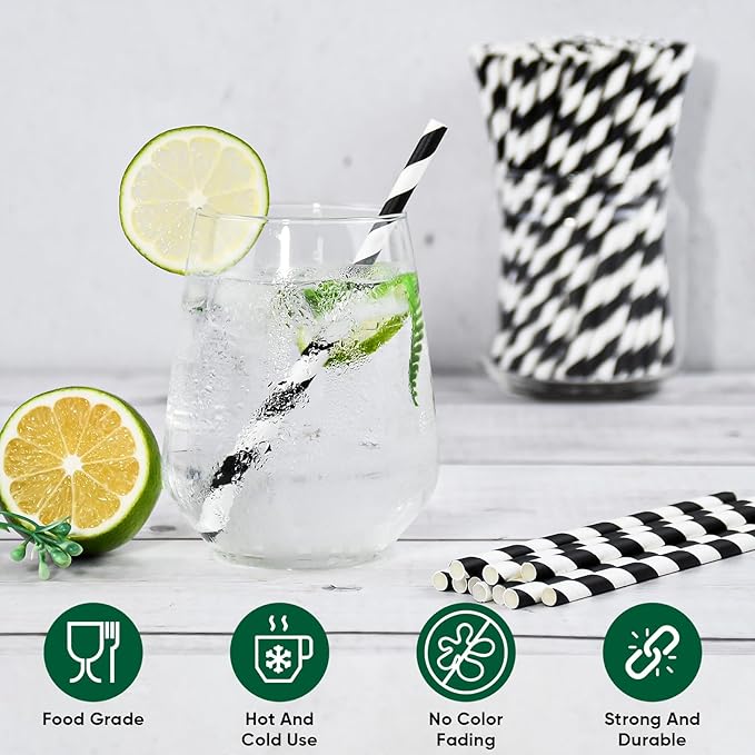 Paper Cocktail Straws, 5.75 Inch, 500 Count, Black Stripes