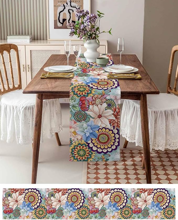 Boho Flowers Cotton Linen Table Runner for Dining Kitchen, Wedding Outdoor Party Tablerunners Decoration, Colorful Floral Farm Vintage Botanical Dresser Scarf Coffee Tablecloth Runners 13x108 Inches