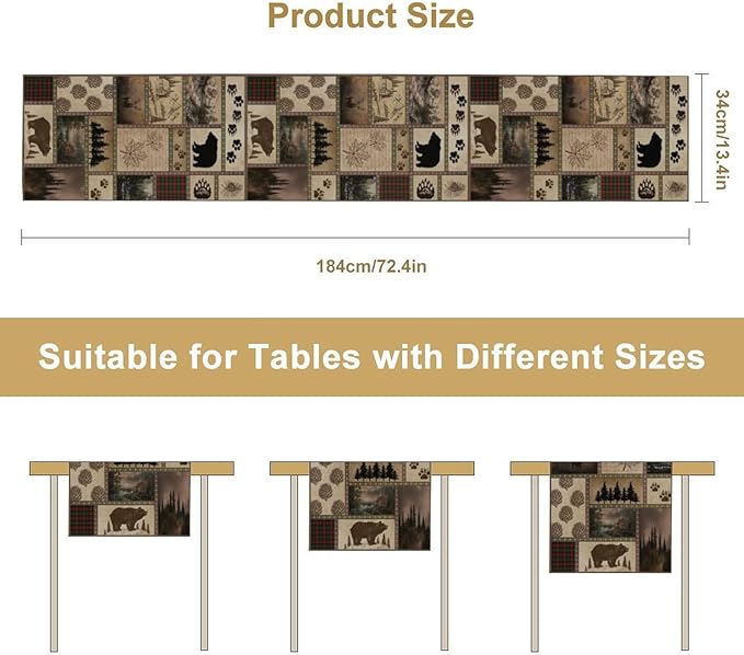 Retro Rusticd Cabin Table Runner Bear Country Farmhouse Vintage Lodge Table Runner for Party Dinner Festival Bedroom Living Room Kitchen 13x120 Inch