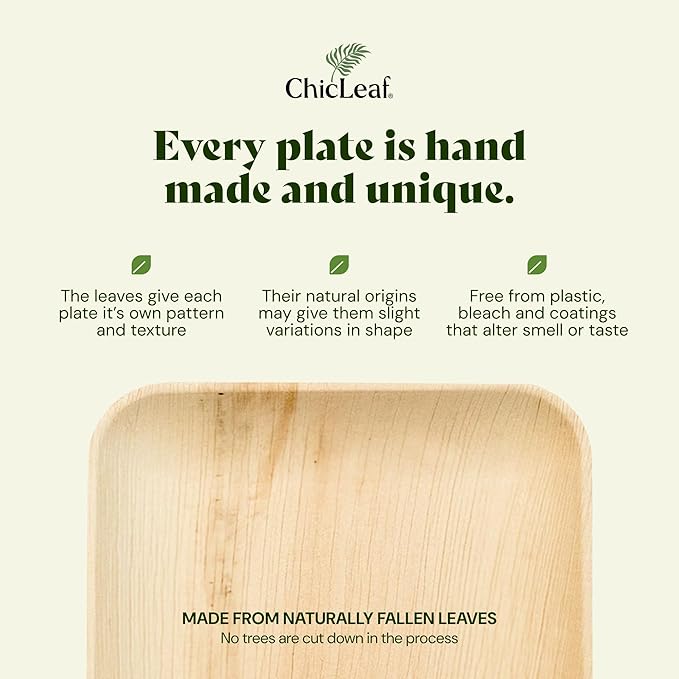 Chic Leaf Square Palm Leaf Tableware - 10" & 7", Pack of 24 - Durable Bamboo Disposable Dinnerware - Eco-Friendly Compostable Plates - Versatile Party & Appetizer Plates