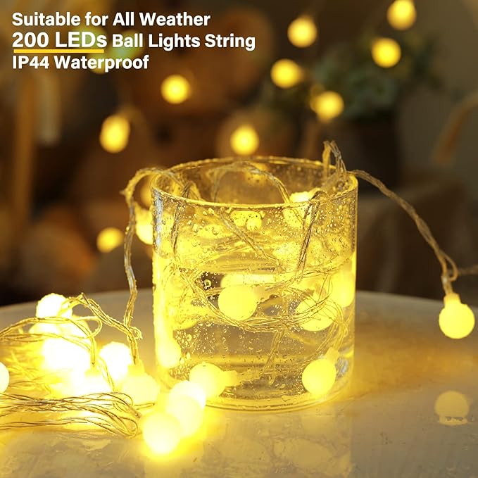 Indoor String Lights, 66 Ft Warm White 200 LED Mini Globe Lights