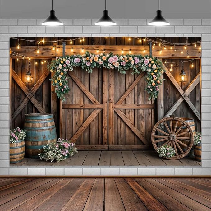 10x10ft Country Wedding Photography Backdrop Rustic Barn Door Photography Backdrop Farmhouse Pink Flower Cabin Wooden Birthday Baby Shower Wedding Bridal Party Banner Photo Booth Props Background