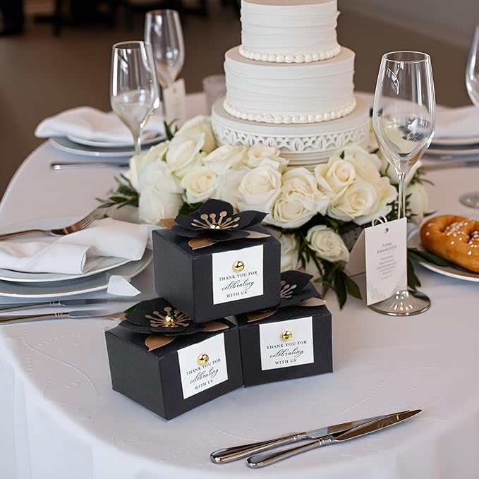 Gift Boxes, 20 Black Candy Boxes with White Floral Decor and Tags