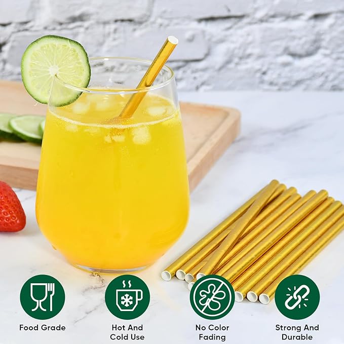 Paper Straws - 5.75 Inch Short Metallic Gold, Pack of 500