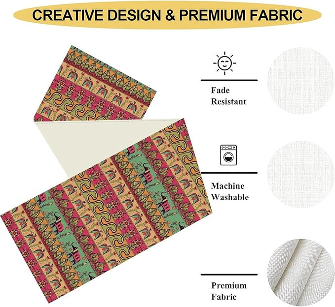 Boho Table Runner, Indian Bohemian Elephant Mandala Paisley Floral Hippie Art Print Table Center Decor for Home Kitchen Dining Patio Holiday Party Indoor Outdoor Table Decorations, 13"x36" Inch