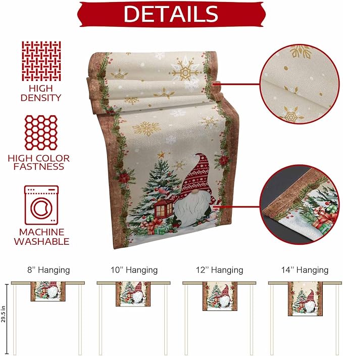 Christmas Gnomes Cotton Linen Table Runner for Dining Kitchen, Xmas Pine Tree Snowflake Rustic Wedding Outdoor Party Tablerunners Decoration, Retro Wood Dresser Scarf Tablecloth Runners 13x72 Inches
