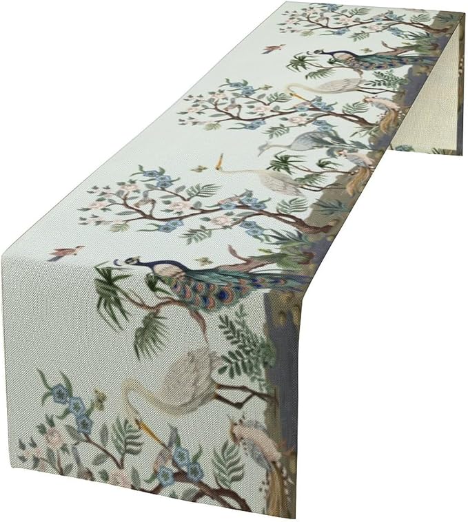 Peacock Table Runner,Retro Chinese Peonies Flowers Peacock Table Runner for Home Kitchen Dining Party Indoor Outdoor Decoration 13x90 Inch