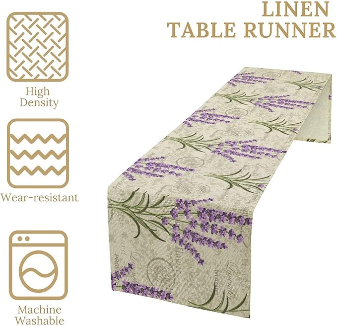 Floral Lavender Table Runner,Vintage Rustic Country Romantic Purple Flower Pattern Print Burlap for Hotel Indoors Outdoor Dining Room Kitchen Home Decor, 13x36in