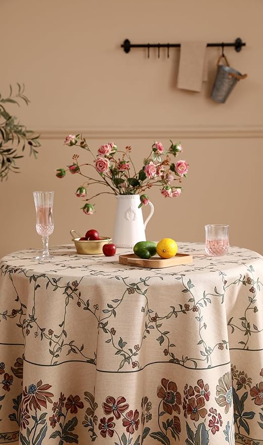 patdrea Designer Vintage Linen Round Table Cloth,Durable Breathable Floral Tablecloth,Dacorative Table Covers for Kitchen Dining Tea Party,Holiday,Christmas,Thanksgiving,Diameter 67"-Oliveirad