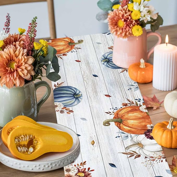Thanksgiving Fall Cotton Linen Table Runner for Dining Kitchen, Pumpkins Eucalyptus Wedding Outdoor Party Tablerunners Decoration Farmhouse Wooden Dresser Scarf Coffee Tablecloth Runners 13x120 Inches
