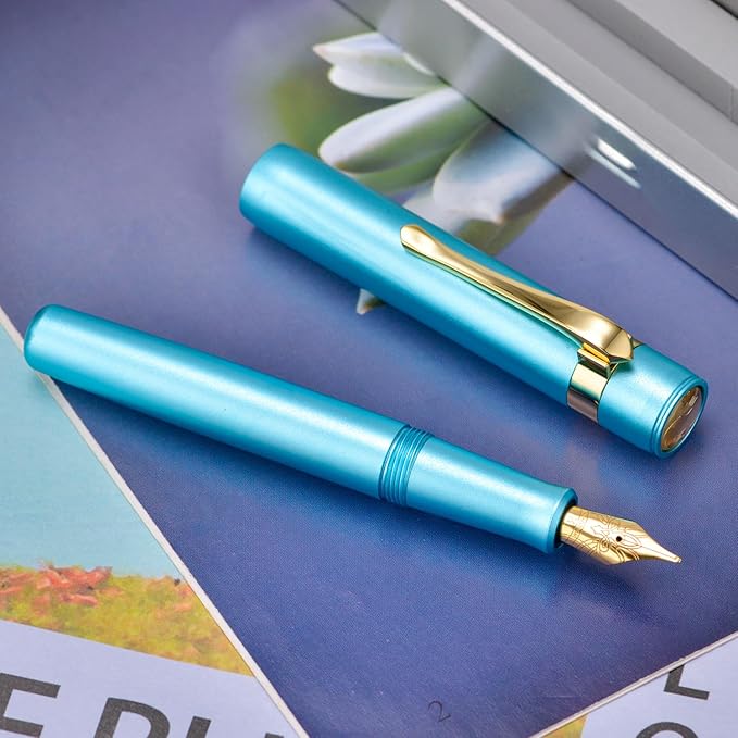 HONG DIAN M2 Black Forest Mini Fountain Pen, Extra Fine Soft Nib & Sleek Shape Aluminium Short Pocket Travel Pen (Lake Blue)