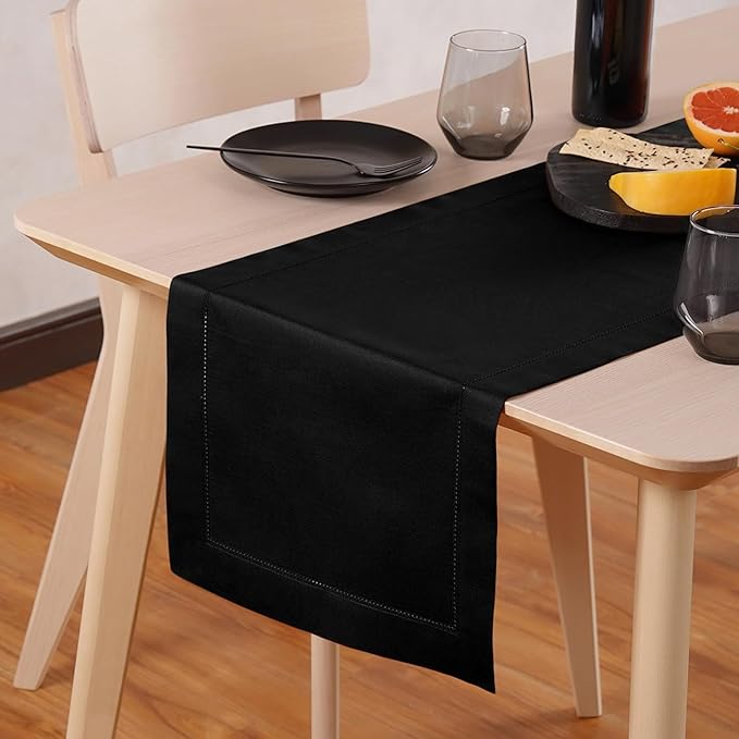 Black Table Runner 72 Inch – Cotton Linen Hemstitch Farmhouse Table Runner 14x72– Washable Fabric for Dining, Fall, Halloween, Thanksgiving, Spring, Summer, Wedding, Everyday Décor – Serena