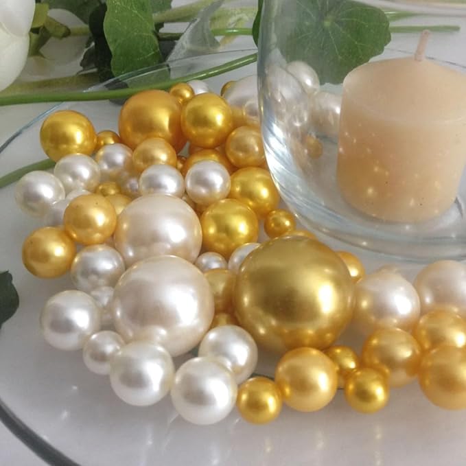 Vase Fillers: 100 No-Hole Golden Faux Pearl Beads in 3 Sizes