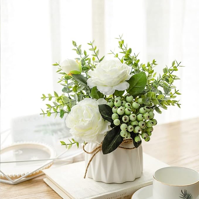BLOSMON Table Decor Artificial Flowers Vase 7 Inch Small Fake Flower White Arrangement 2pcs Floral Arrangement for Tables Centerpieces Kitchen Dining Room Decorations Faux Flower in Vase Silk Roses