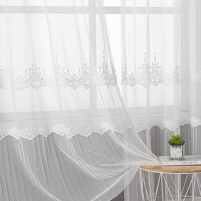 VISIONTEX White Sheer Voile Curtains, Decorative White Embossed European Rod Pocket Window Drapes for Home Kitchen, Living Room and Bedroom 54 x 72 Inch, Set of 2 Curtain Panels