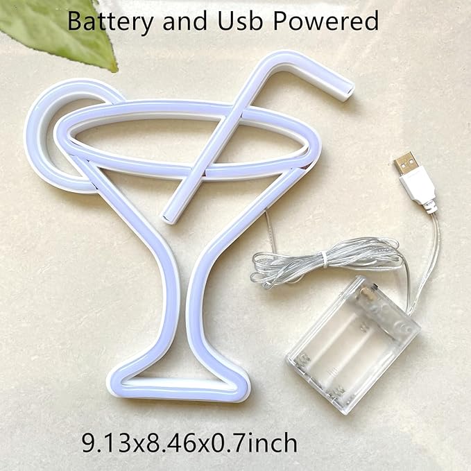 Led Green Cocktails Neon Sign,Wine Glass Neon Light Battery and USB Dual Powered Bar Neon Night Light Signs for Wall Decor,Cocktails Night Lamp for Bar, Club,Bar Cart Acessories Decor