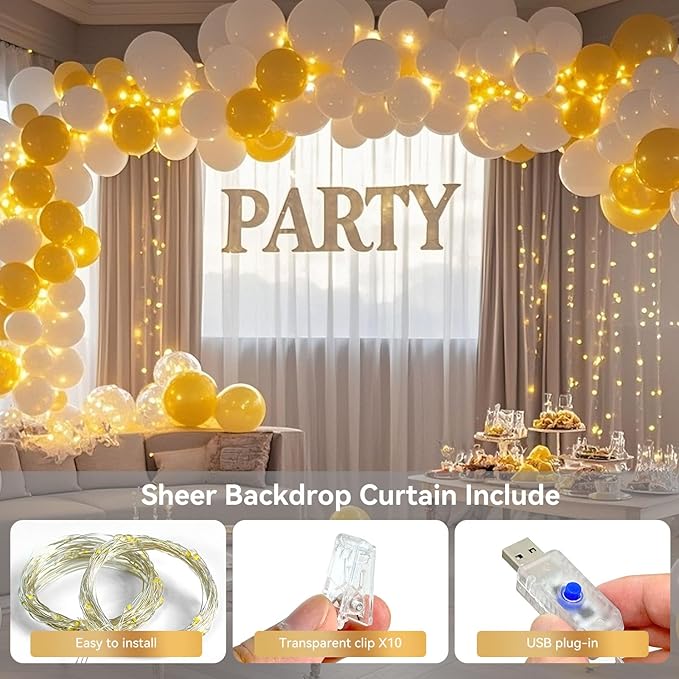Ledido 10×10ft Tulle Backdrop Curtains with Lights String - 300LED Fairy Lights Sheer Curtain Backdrop for Weddings Baby Shower and Birthday Party Decorations(2 Panels 5×10ft)