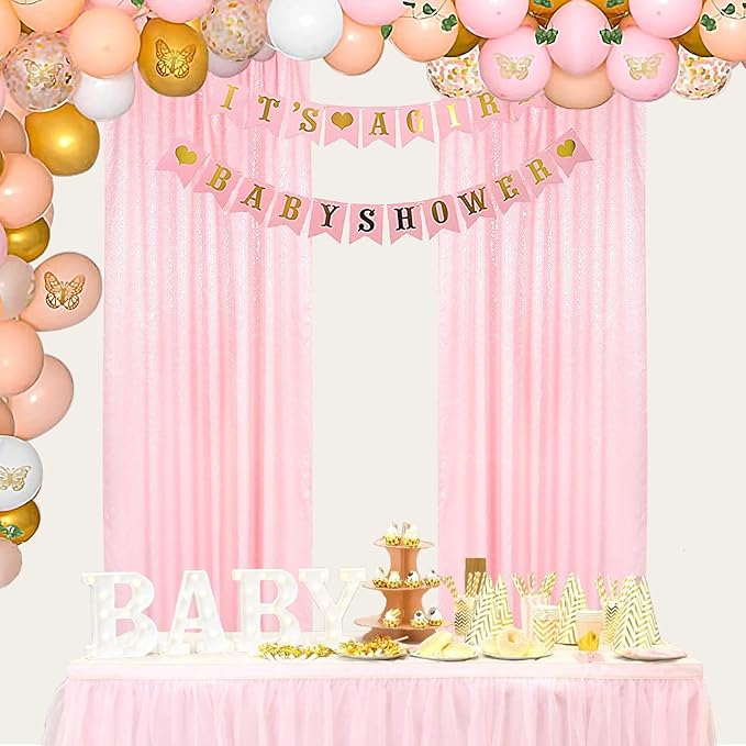 ShinyBeauty 4x8FT Pink Sequin Backdrop Curtains 2 Panels - Shimmer Photography Background for Weddings & Baby Showers Happy Birthday Backdrops