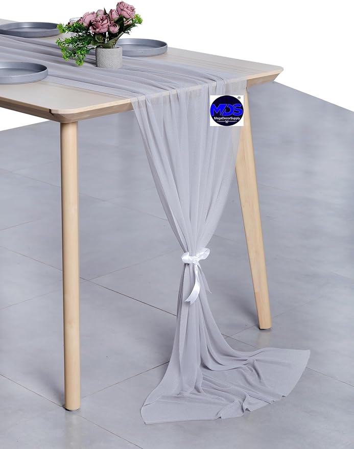 MDS Halloween Chiffon Table Runner - 12 Pack, 29 x 170 Inches, 14ft Each - Sheer Spooky Table Runners for Haunted House Parties, Trick-or-Treat Tables, Witchy Décor, Wedding & Events - Cool Gray