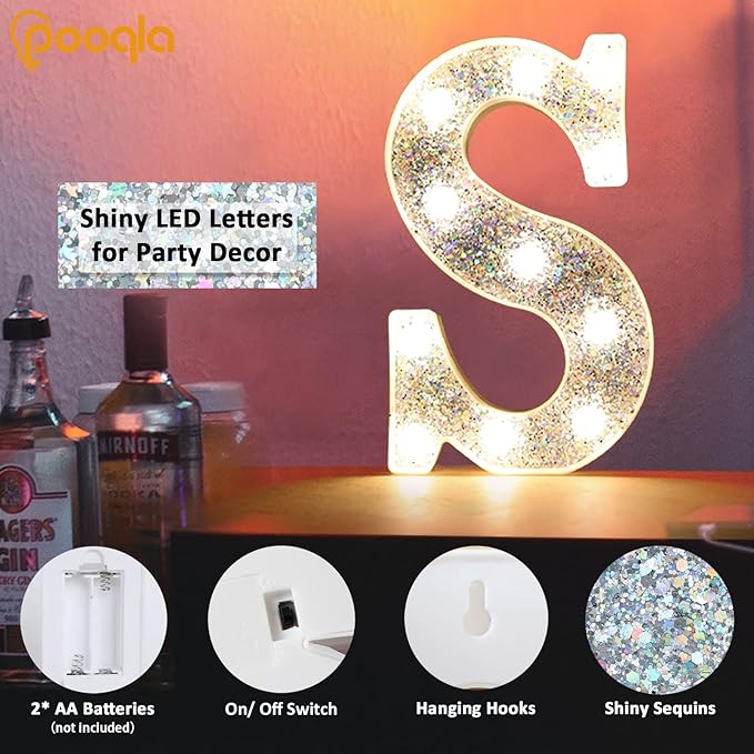 Pooqla Light Up Letters, LED Marquee Letters for Silver Birthday Decorations, Battery Powered Night Light Teenager Girl Room Decor, Gift for Girls Boys Wedding Bedroom Christmas Party Decor, Letter S
