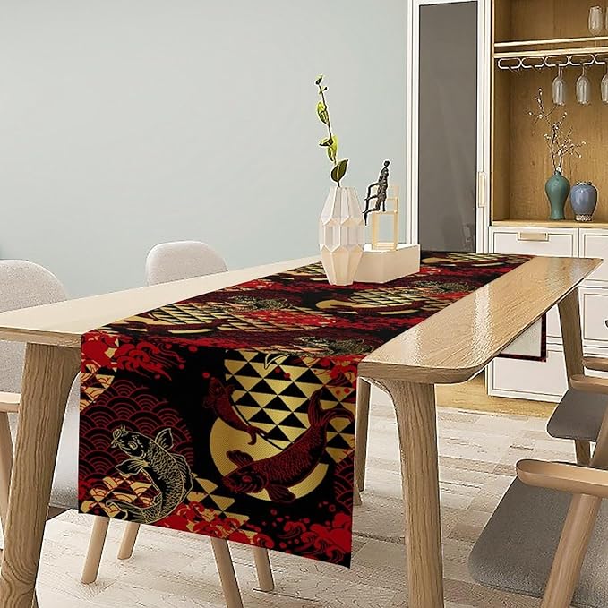 Japanese Table Runner Oriental Tradition Kio Fish Red Art Printed Burlap Runner Home Kitchen Dining Table Living Room Decor Fabric 1 Panel W13xL70in