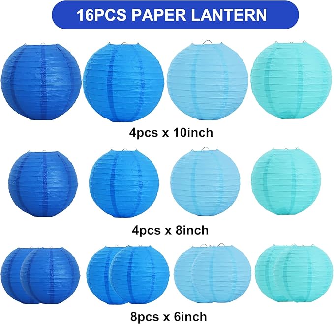 Paper Lanterns, 16 Pack, Round Sea Mix in 6, 8 and 10 Inch