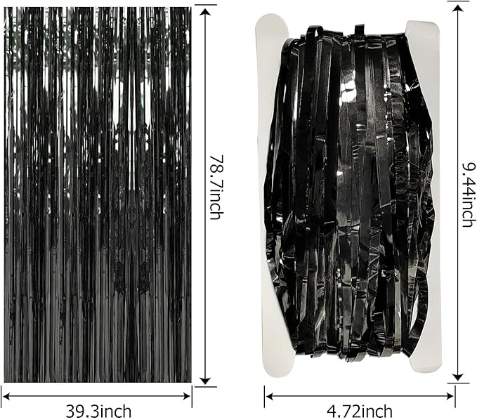 2 Pack Foil Curtain Backdrop Black Metallic Tinsel Foil Fringe Curtains Photo Booth Props for Birthday Wedding Engagement Baby Shower Bachelorette Christmas Holiday Celebration Party Decorations