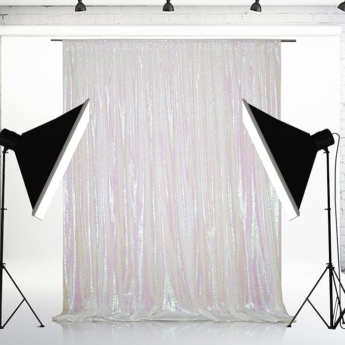 Eternal Beauty White Iridescent Sequin Backdrop, 7x7 Ft Glitter Background Curtains for Shimmer Photography Party Wedding Birthday Back Drop Decor