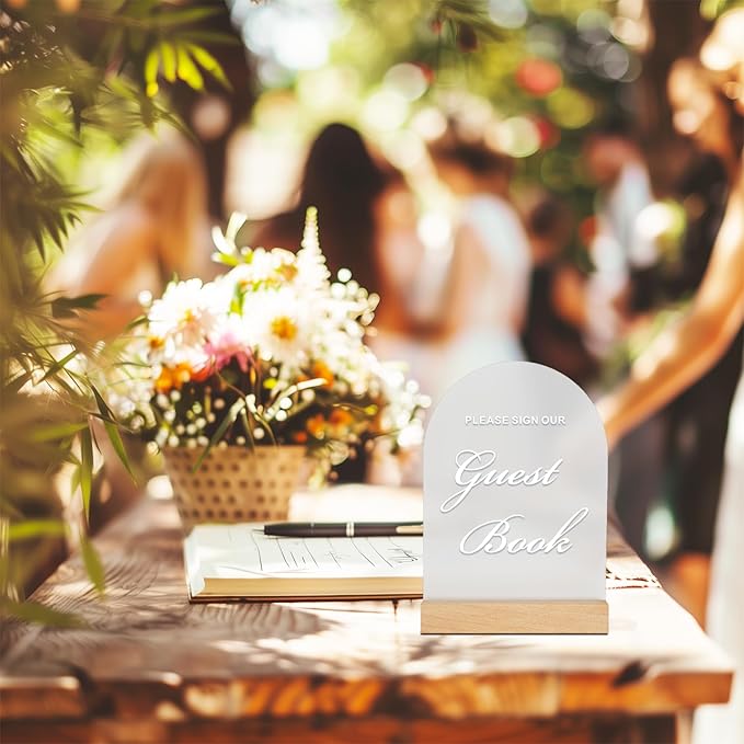 Wedding Guest Book Sign for Ceremony and Reception, Acrylic Wedding Signs with Wood Stand, 5x7" Frosted Arch Please Sign Our Guestbook sign, Perfect for Rustic Wedding Decoration, Party, Anniversary