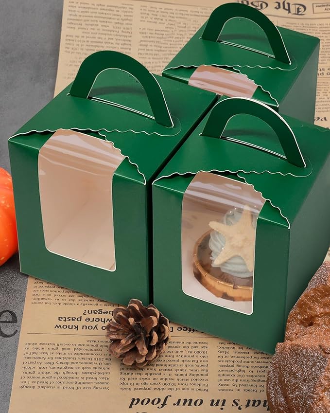 Cupcake Carriers in Deep Green, 50 Pack with Inserts, Disposable Cardboard