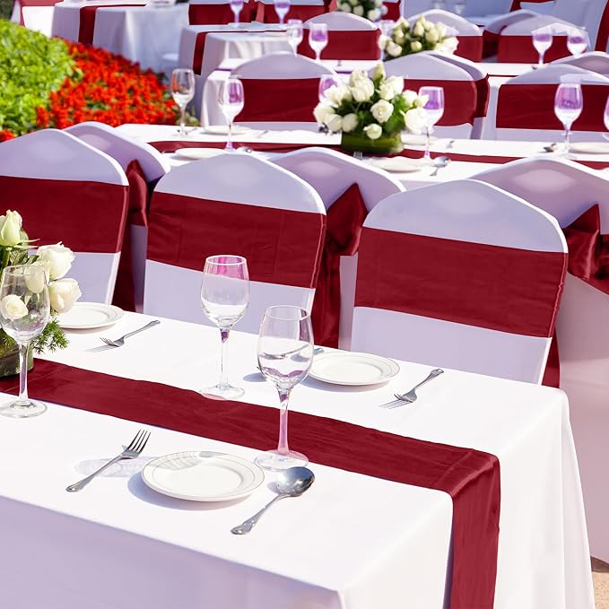 Aneco 12 Pack Satin Table Runner 12 x 108 Inch Burgundy Long Wedding Satin Silk Table Runner for Wedding Banquet Graduations Birthday Party Decoration