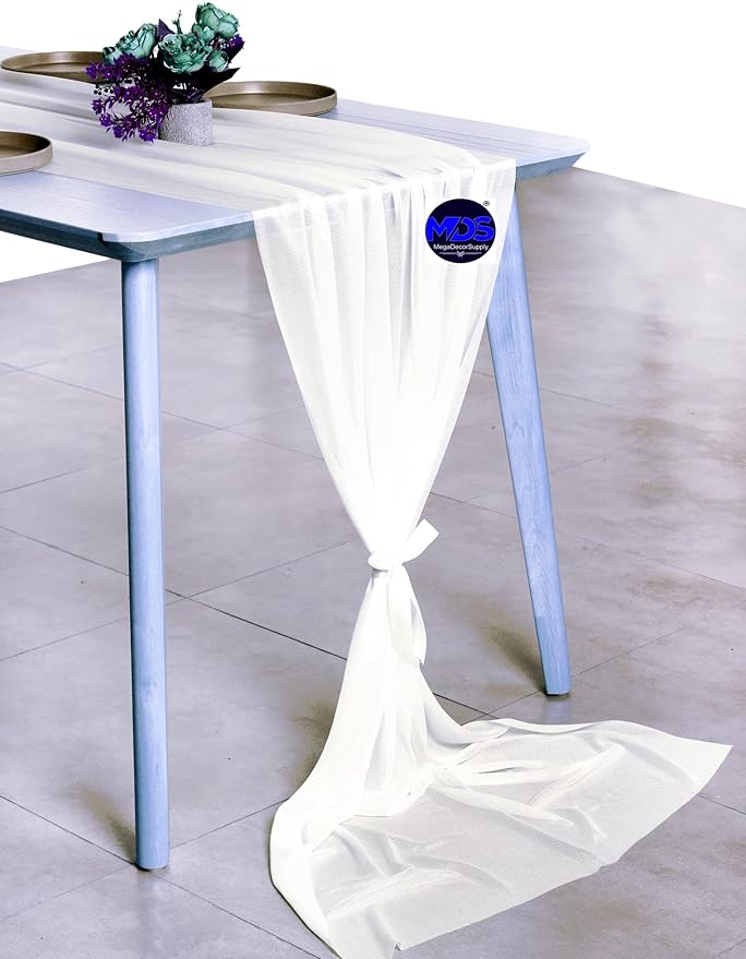 MDS Halloween Chiffon Table Runner - 10 Pack, 29 x 170 Inches, 14ft Each - Sheer Spooky Table Runners for Haunted House Parties, Trick-or-Treat Tables, Witchy Décor, Wedding & Events - Ivory
