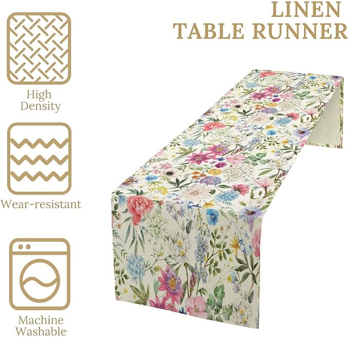Floral Table Runner Watercolor Peony Rose Flower Kitchen Table Decoration for Indoor and Outdoor Wedding Party 13x90 Inch