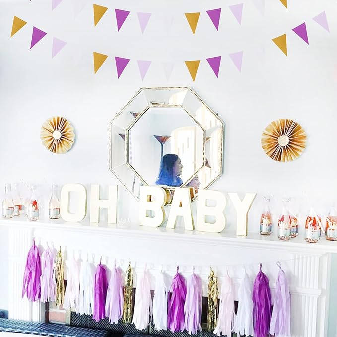 Purple Gold Graduation Decorations - 30pcs Kits Lavender White Paper Flowers,Banner Flags,Tassel Streamer Garland Engagement Girl Baby Bridal Shower Party Decoration Lasting Surprise