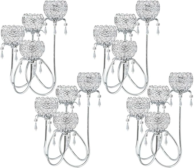 4 Arms Crystal Candelabra Tealight Holder - Tall 15.7 Inch Elegant Centerpiece with Crystal Pendant Bowls & Artistic Metal Stand for Wedding, Dining Table, Home Decor (4, Silver)