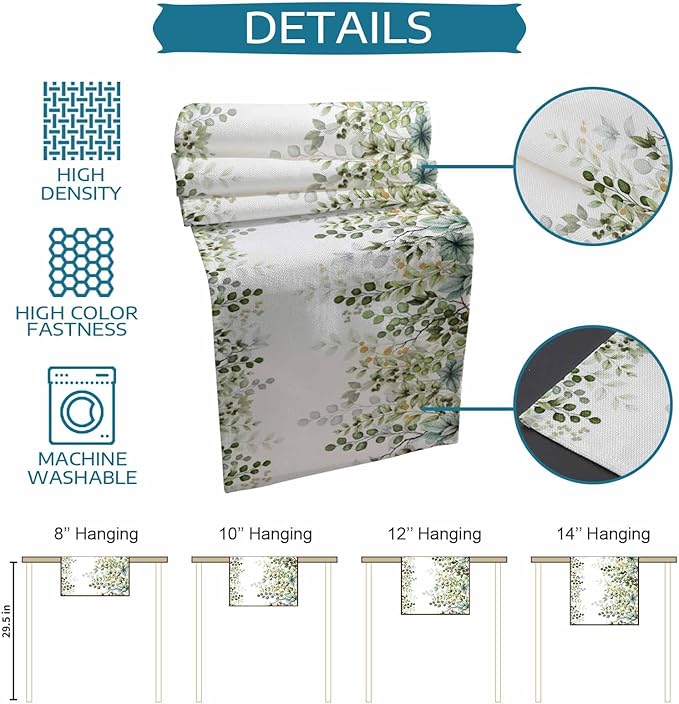 Sage Green Eucalyptus Cotton Linen Table Runner for Dining Kitchen, Farmhouse Leaves Wedding Outdoor Party Tablerunners Decoration Botanical Floral Dresser Scarf Coffee Tablecloth Runners 13x90 Inches