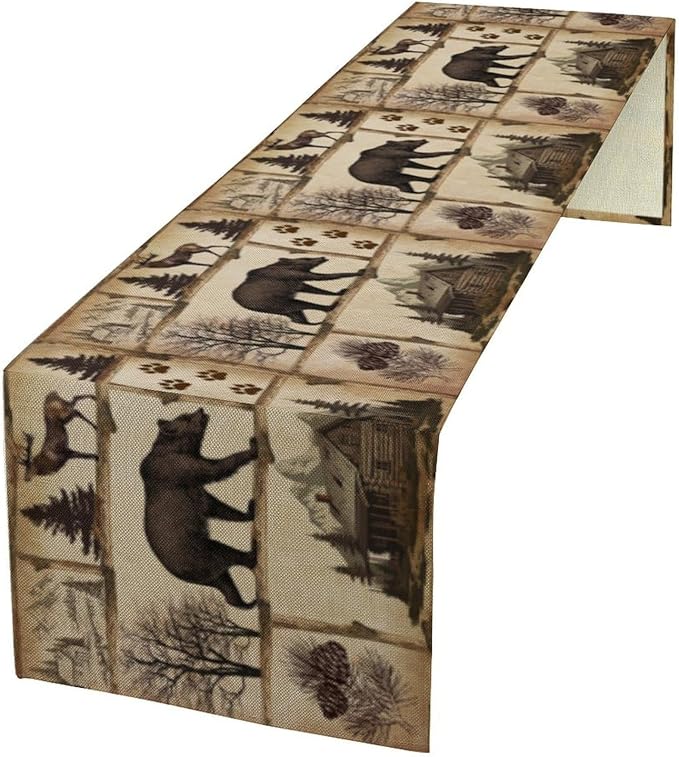 Rustic Cabin Table Runner, Retro Moose Cone Deer Bear Farmhouse Lodge Table Runner for Dinner Living Room Kitchen Vintage Country Cottage 13x90 Inch