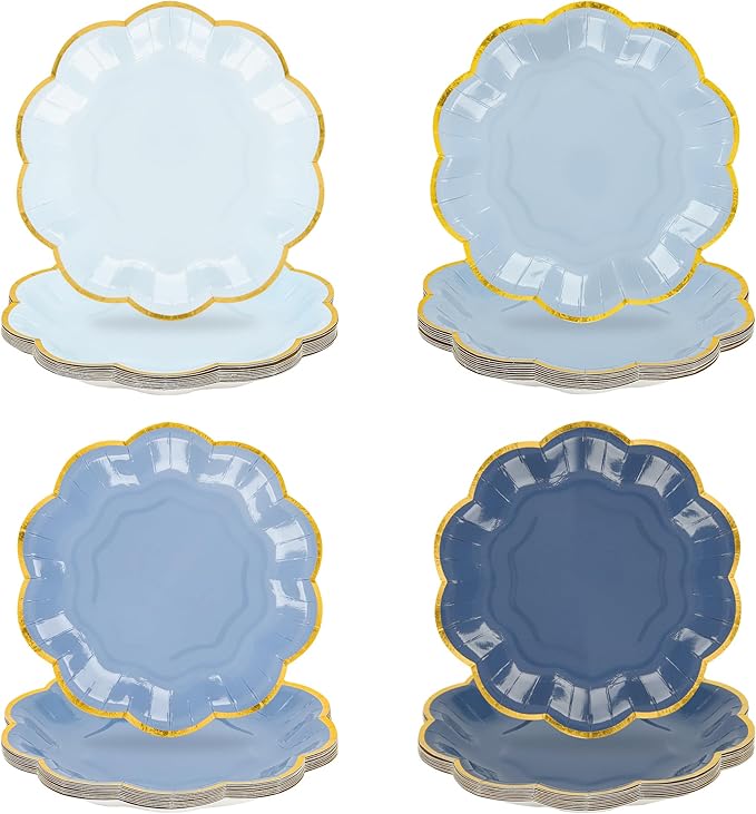 Dusty Blue Party Plates Gradient Blue Dessert Paper Plates 7inch Gold Foil Scalloped Edge Disposable Cake Plates for Tea Party Birthday Bridal Baby Shower Wedding Party Supplies (48)