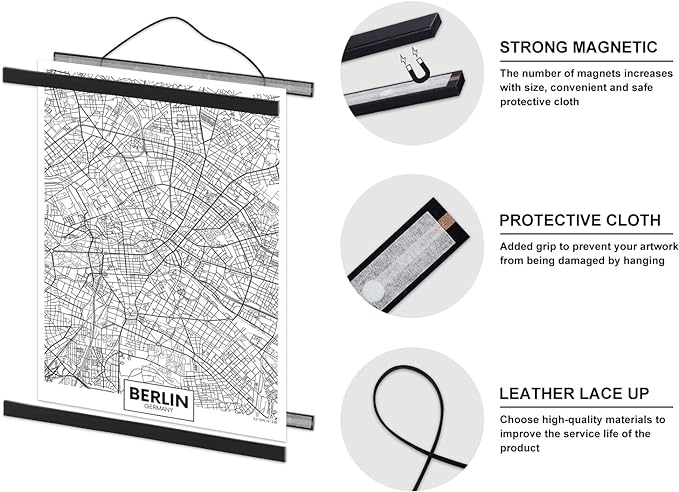 Magnetic Poster Hanger, 37x28 37x40 37x25 Poster Frame Wood Wooden Magnet Print Posters Dowel Scroll Hanger Hangers Hanging Kit for Walls Map Canvas Artwork (Black, 37")