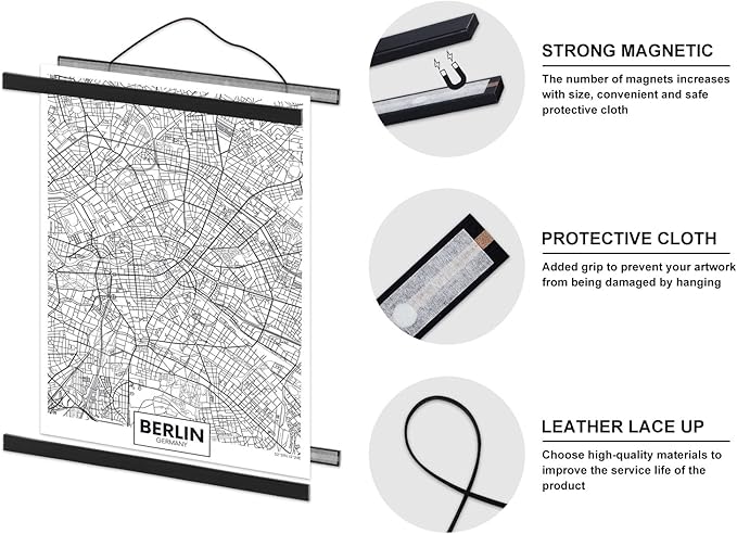 Magnetic Poster Hanger, 21x21 21x15 21x27 Poster Frame Wood Wooden Magnet Print Posters Dowel Scroll Hanger Hangers Hanging Kit for Walls Map Canvas Artwork (Black, 21")