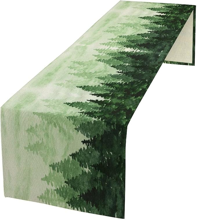 Foggy Forest Table Runner,Watercolor Wreen Misty Forest Landscape Table Runner for Kitchen Dining Table Home Party Decoration 13x36 Inch