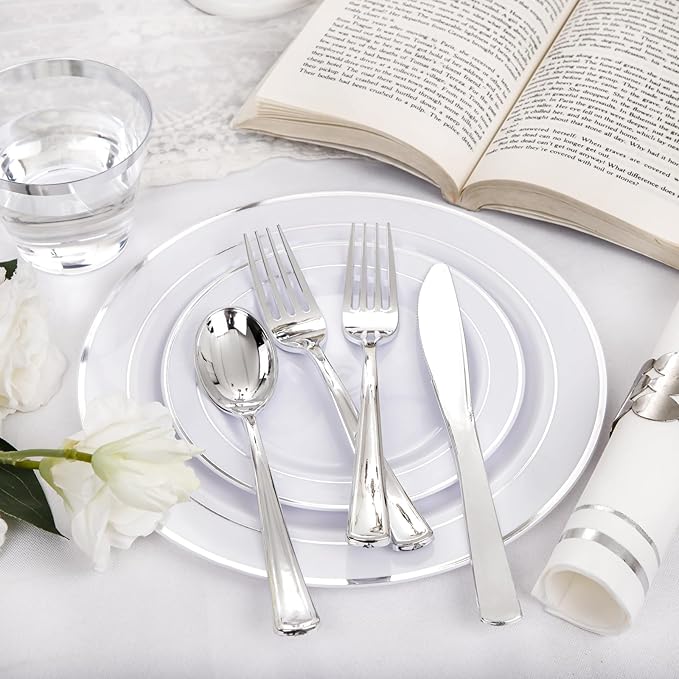 NOCCUR 700PCS Silver Plastic Plates Disposable for 100 Guests - Include 100 Dinner/Dessert White Plastic Plates with Silver Trim,300 Cutlery,100 Cups,100 Napkins for Party&Christmas