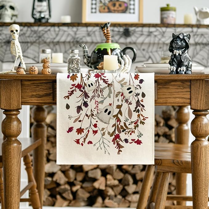 Artoid Mode Ghost Flowers Leaves 210 GSM Halloween Table Runner,Seasonal Fall Kitchen Dining Table Decoration for Home Party Decor 13x72 Inch
