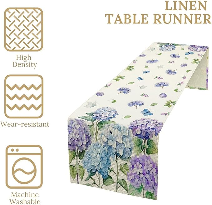 Spring Hydrangea Flower Table Runner, Seasonal Summer Plants Watercolor Florals Butterfly Dinner Runner for Home Kitchen Dining Table Party Holiday Decoration 13"x60"