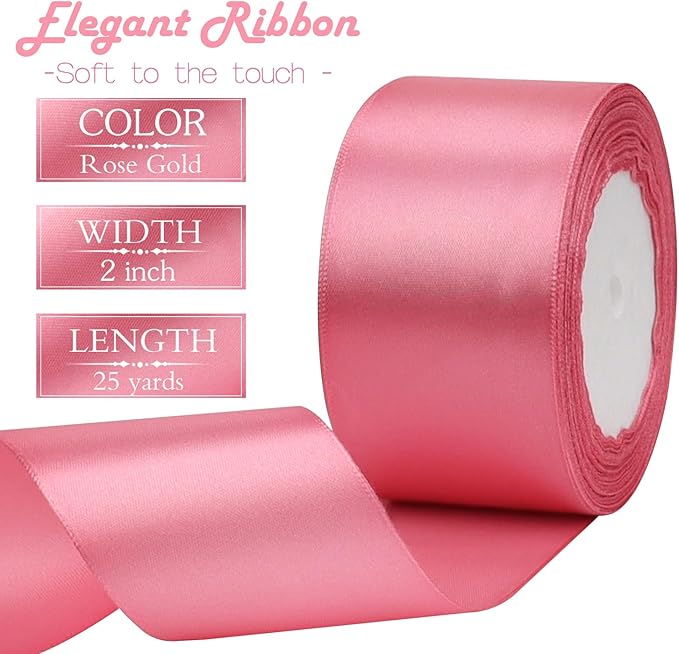 Rose Gold Solid Satin Ribbon 2 Inch 25 Yards Solid Polyester Fabric Ribbon for Gift Wrapping Wedding Christmas Baby Shower Birthday Party Decoration Handmade Immortal Flower Craft